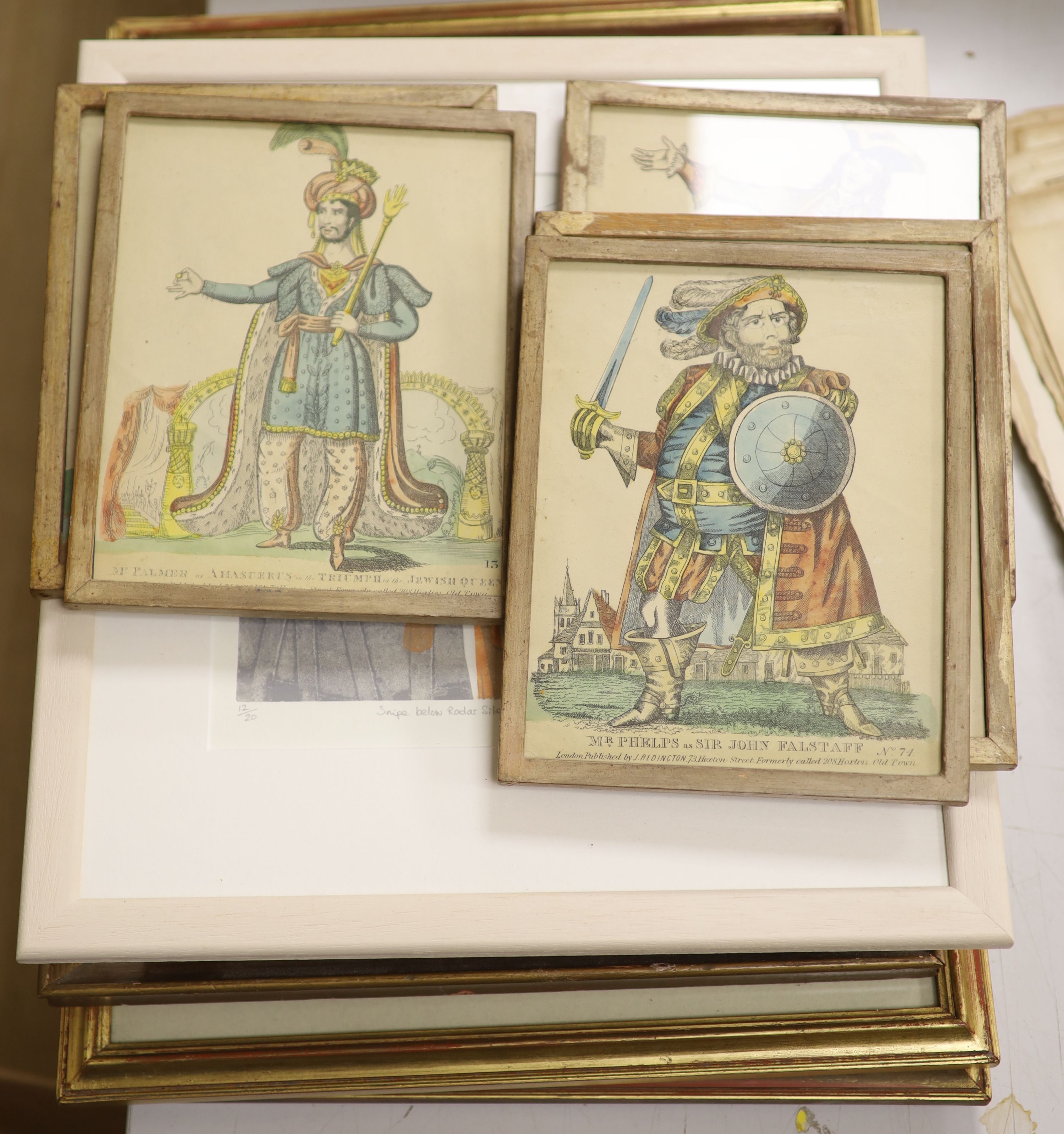 J. Redington Publ., a set of five hand coloured engravings, Studies of Shakesperian actors, 21 x 17cm and seven assorted prints
